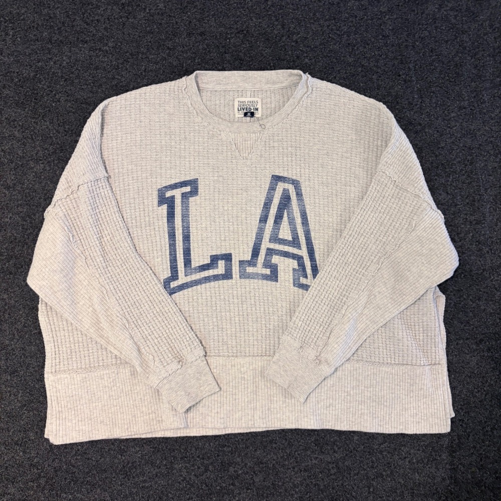 American Eagle Seriously Lived-In LA Waffle Knit Thermal Top Grey Medium